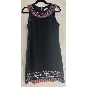 Kate Spade Embroidered W/Tassels Sleeveless Shift Dress Dark Navy Blue Size 8